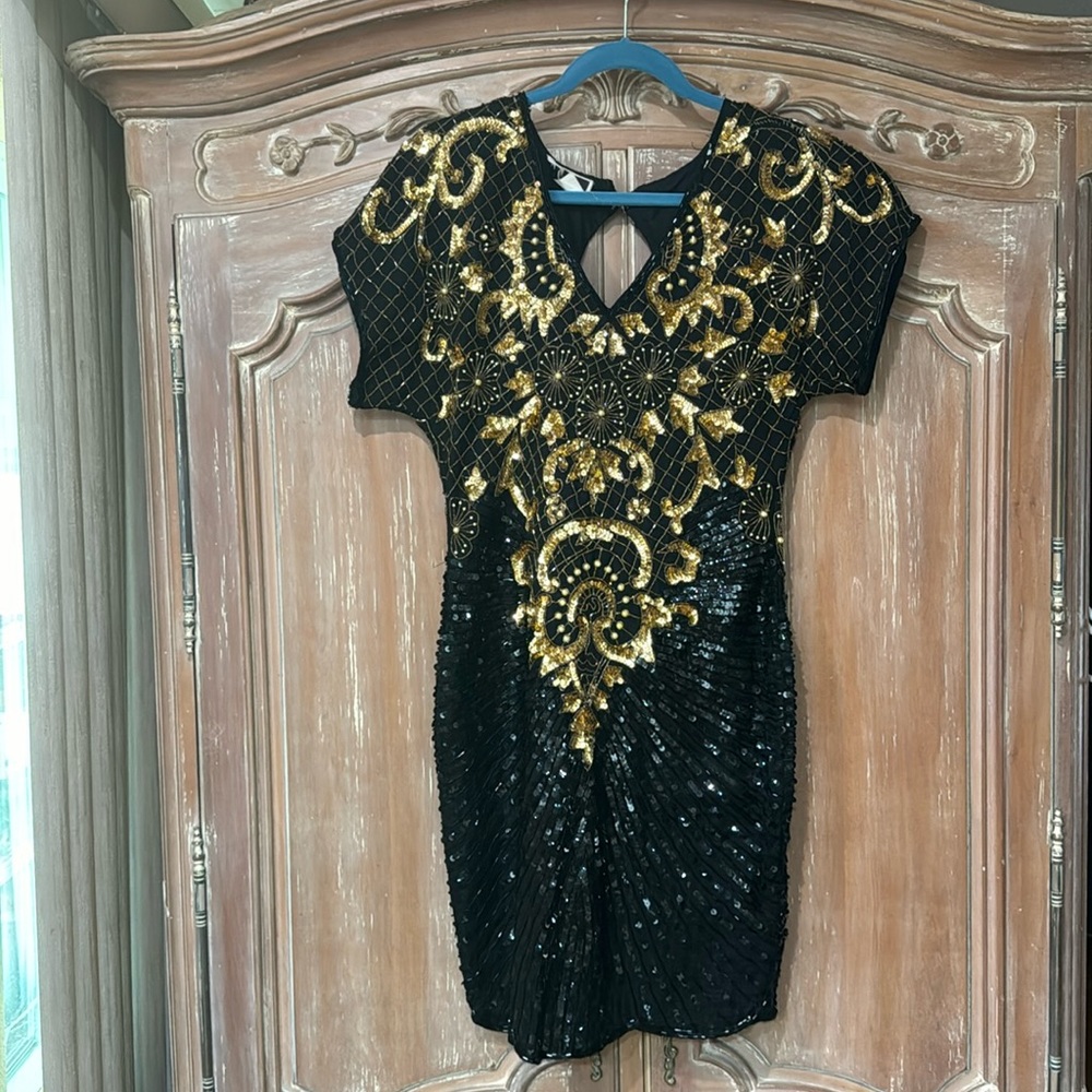 CARINA Gold and Black, Sequence, Pearl Evening Dress
